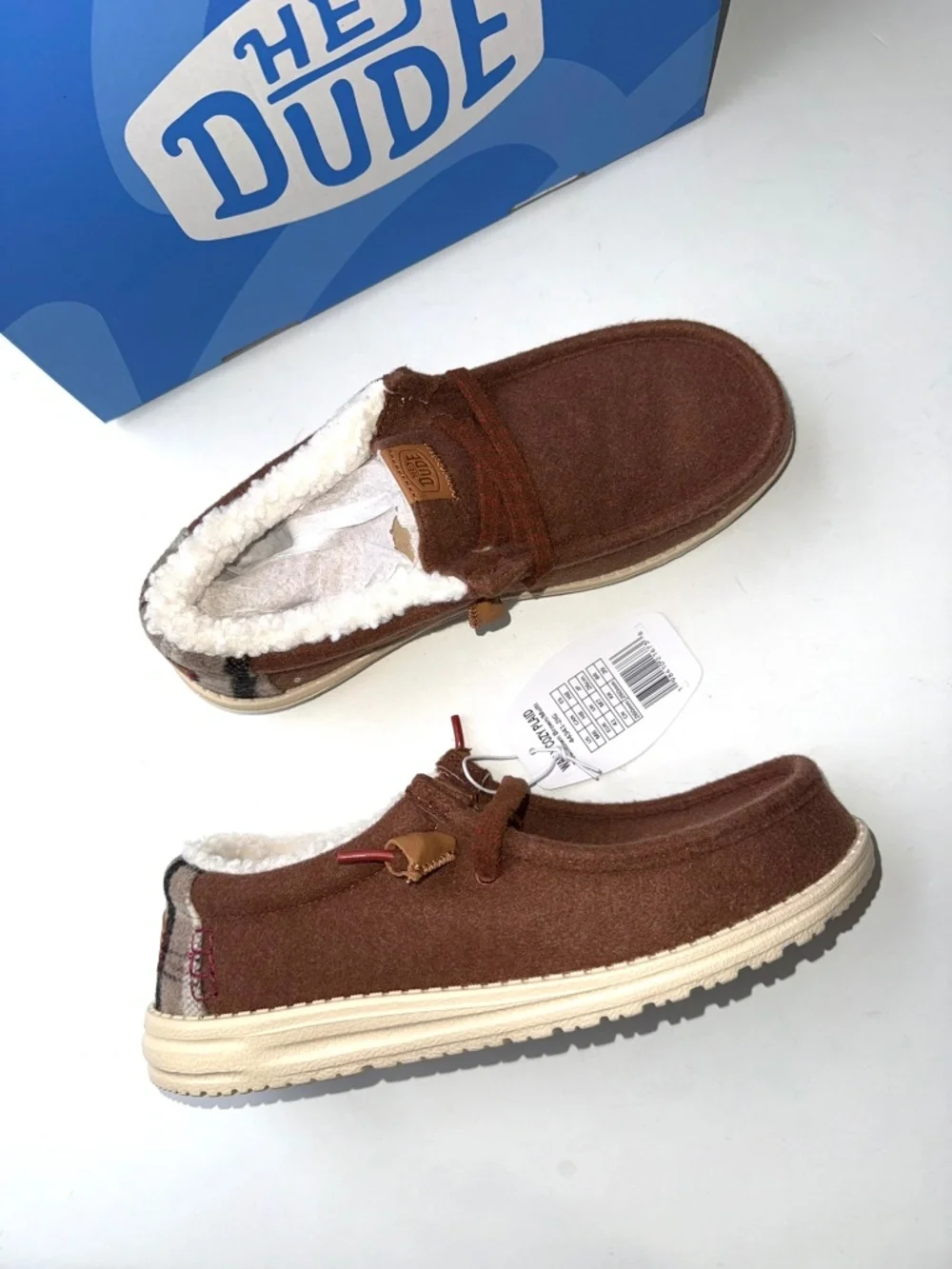 HEY DUDE $70 New Mens Size 8 Brown Casual Slip On Wally Cozy Plaid Shoes Box53